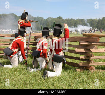 British redcoat reenactors dietro la recinzione di legno sparando a noi reenactors durante la guerra di 1812 rievocazione storica celebrazione Foto Stock
