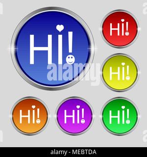 HI segno icona. India simbolo di traduzione. Set di pulsanti colorati. Illustrazione Vettoriale Illustrazione Vettoriale