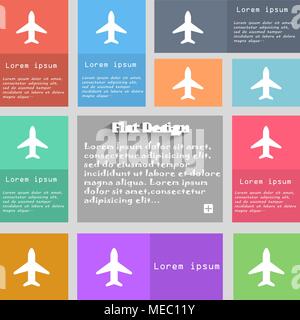 In aereo aereo, Viaggio, Volo icona segno. Set di pulsanti multicolore. Metro style con spazio per il testo. La lunga ombra illustrazione vettoriale Illustrazione Vettoriale