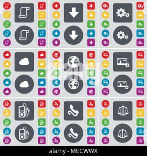 Scorrere verso il basso la freccia, ingranaggio, Cloud, Terra, foto, MP3 player, ricevitore, Bilance icona simbolo. Un grande insieme di Piana, pulsanti colorati per il vostro design. Vecto Illustrazione Vettoriale