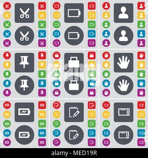 Forbici, Batteria, avatar, Pin, bloccare, mano, carica, Notebook, microonde icona simbolo. Un grande insieme di Piana, pulsanti colorati per il vostro design. Il vettore Illustrazione Vettoriale