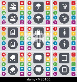 Router, ombrello, Cestino, file di testo, valigia, Silhouette, Cloud, Chat bolla, Tablet PC icona simbolo. Un grande insieme di Piana, pulsanti colorati per il vostro Illustrazione Vettoriale