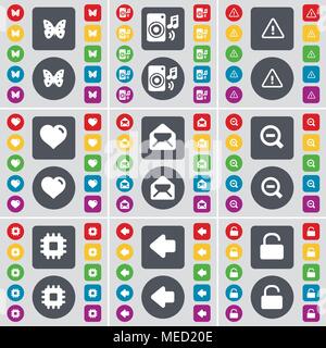 Butterfly, altoparlante, Avviso, cuore, Messaggio, lente di ingrandimento, processore, Freccia sinistra, icona a forma di lucchetto simbolo. Un grande insieme di Piana, pulsanti colorati per il vostro Illustrazione Vettoriale