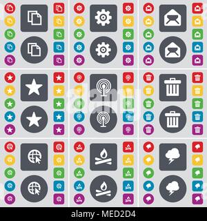 Copia, ingranaggio, Messaggio, stella, Wifi, Cestino, Web cursore, falò, fulmine icona simbolo. Un grande insieme di Piana, pulsanti colorati per il vostro design. Vettore Illustrazione Vettoriale