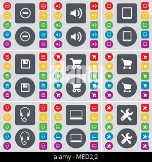 Meno, suono, Tablet PC, Floppy, carrello, cuffie, Laptop, icona a forma di chiave inglese simbolo. Un grande insieme di Piana, pulsanti colorati per il vostro design. Vettore i Illustrazione Vettoriale