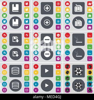 Dizionario, Plus, tastiera, floppy, meno, sigarette, Database, giocare palla icona simbolo. Un grande insieme di Piana, pulsanti colorati per il vostro design. Vettore i Illustrazione Vettoriale