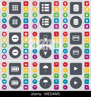 App, elenco, Database, meno, Checkpoint, carta di credito, Batteria, ombrello, Media Riproduci Icona simbolo. Un grande insieme di Piana, pulsanti colorati per il vostro design. Illustrazione Vettoriale