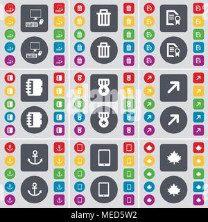 PC, Cestino, file di testo, Notebook, medaglia, a schermo intero, ancoraggio, Tablet PC, Maple Leaf icona simbolo. Un grande insieme di Piana, pulsanti colorati per il vostro desig Illustrazione Vettoriale