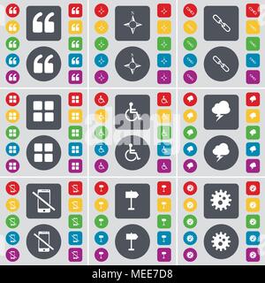 Virgolette, bussola, link, App, disabile, fulmini, Smartphone, segnaletica, icona a ingranaggio simbolo. Un grande insieme di Piana, pulsanti colorati per il vostro Illustrazione Vettoriale