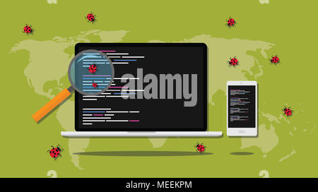 Per il debug di ricerca bug nel software di programmazione per lo sviluppo di grafica vettoriale illustrazione Foto Stock