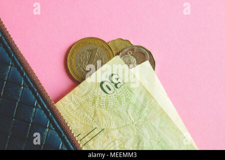Le monete e le banconote di diversi paesi in portafoglio blu su sfondo rosa. Foto Stock