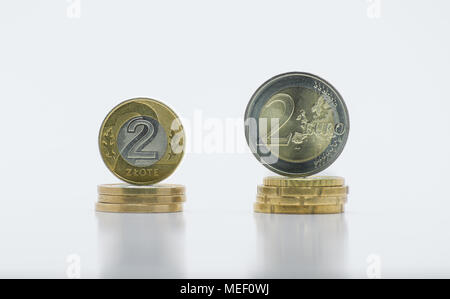 Pila di monete in valuta polacca 2 PLN / zloty polacco e la moneta europea 2 EURO isolato su sfondo bianco con percorso di clipping (senza un s Foto Stock