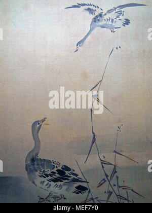 "Uccelli in volo e bestie in esecuzione'. Kano Tan yu (Periodo Edo 1602-74). Colore su seta Foto Stock