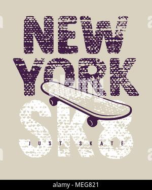 Tipografia di skateboard. Scheda grafica con un raccordo a t. New York skateboard t-shirt design Illustrazione Vettoriale