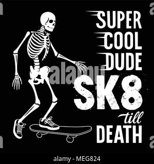 Skateboard t-shirt grafica. Lo scheletro a cavallo su skateboard. Illustrazione Vettoriale. Cranio grafica Tee Illustrazione Vettoriale