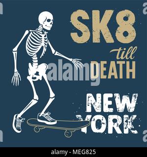 Skateboard t-shirt grafica. Lo scheletro a cavallo su skateboard. Illustrazione Vettoriale. Cranio grafica Tee Illustrazione Vettoriale