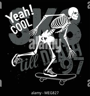 Skateboard t-shirt grafica. Lo scheletro a cavallo su skateboard. Illustrazione Vettoriale. Cranio grafica Tee Illustrazione Vettoriale
