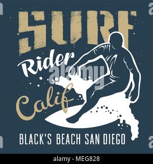 Illustrazione di surf. Nero spiaggia di San Diego in California. T-shirt abbigliamento stampa di grafica. Grafica originale Tee Illustrazione Vettoriale