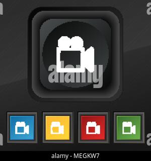 Icona videocamera simbolo. Set di cinque colorate, eleganti pulsanti sulla texture nera per il vostro design. Illustrazione Vettoriale Illustrazione Vettoriale