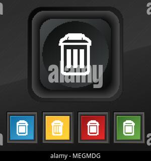 L'icona del cestino simbolo. Set di cinque colorate, eleganti pulsanti sulla texture nera per il vostro design. Illustrazione Vettoriale Illustrazione Vettoriale