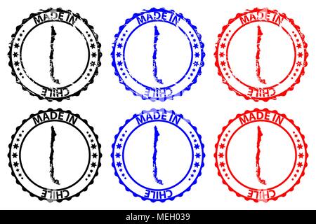 Realizzati in Cile - timbro di gomma - vettore, Cile mappa del modello - nero, blu e rosso Illustrazione Vettoriale