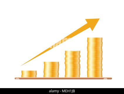 Quattro pile di monete d'oro con una freccia di un crescente grafico, vettore isolato su sfondo bianco Illustrazione Vettoriale