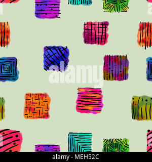 Colori brillanti acquerello Square macchia con linea nera Modello d'arte. Abstract colore brillante Seamless Pattern su sfondo giallo. Foto Stock