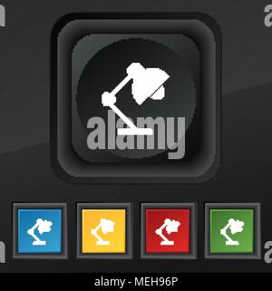 Lettura lampada di illuminazione e di illuminazione, icona simbolo. Set di cinque colorate, eleganti pulsanti sulla texture nera per il vostro design. Illustrazione Vettoriale Illustrazione Vettoriale