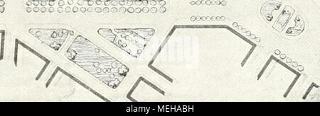 . Die Gartenkunst . Abb. 2. Übersichtsplan der Georgstrasse a Hannover. Mafistab ca. 1 : 4000. alten Bäumen Halt macht. Nach 17 Jahren, bei seinem Tode, las uomo es allerdings anders. Die Stadt Hannover stand schon lange wegen ihrer herrlichen Umgebung und ihrer hervorragenden gärtnerischen Anlagen in gutem Rufe. Die Gärten, welche hierzu Veranlassung gaben, hatten eine Fläche von über 230 ha; aber Sie waren nicht im Besitz der Stadt, sondern handelte es sich um königliche, fiska- lische und Anlagen privato. Umfaßten Sie den Weifen- garten, den Georgengarten, die Herrenhäuser Gärten, die Anlag Foto Stock