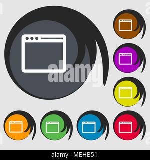 Semplice finestra del browser icona. Simboli su otto pulsanti colorati. Illustrazione Vettoriale Illustrazione Vettoriale