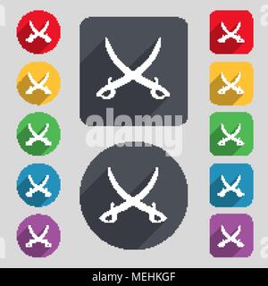 Attraversato l'icona saber segno. Una serie di dodici tasti colorati e una lunga ombra. Design piatto. Illustrazione Vettoriale Illustrazione Vettoriale