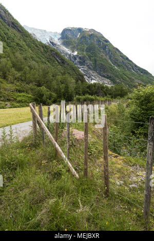 Glacier Supphellebreen, parte dell'Jostedalsbreen National Park, Norvegia, vicino a Fjaerland, campagna nella valle Foto Stock