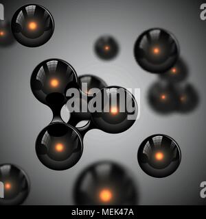 Abstract vettore nero lucido design molecole. Gli atomi con il bagliore di luce nucleare scintille illustrazione. Il futuristico alien sfondo del gene per la scienza banner Illustrazione Vettoriale