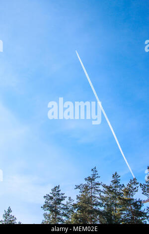 Traccia di condensa, reattivo via - traccia visibile emergenti in atmosfera dietro spostamento aeromobili sotto certe condizioni atmosferiche sullo sfondo delle cime degli alberi Foto Stock