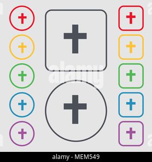 Croce religiosa, icona cristiana segno. simbolo sul Round e i pulsanti quadrati con il telaio. Illustrazione Vettoriale Illustrazione Vettoriale