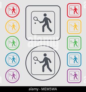 Giocatore di Tennis Icona segno. simbolo sul Round e i pulsanti quadrati con il telaio. Illustrazione Vettoriale Illustrazione Vettoriale