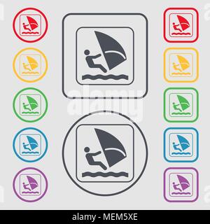 Icona di windsurf segno. simbolo sul Round e i pulsanti quadrati con il telaio. Illustrazione Vettoriale Illustrazione Vettoriale