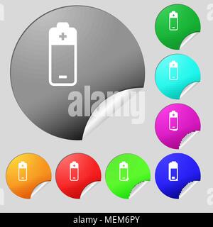 Icona della batteria segno. Set di otto multi colore pulsanti rotondi, adesivi. Illustrazione Vettoriale Illustrazione Vettoriale