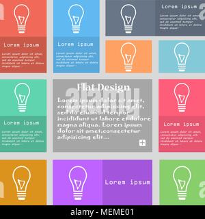 Icona della lampadina segno. Set di pulsanti multicolori con spazio per il testo. Illustrazione Vettoriale Illustrazione Vettoriale