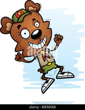 Un cartoon illustrazione di un orso femmina scout jumping. Illustrazione Vettoriale