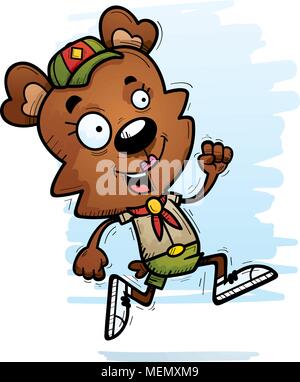 Un cartoon illustrazione di un orso femmina scout in esecuzione. Illustrazione Vettoriale