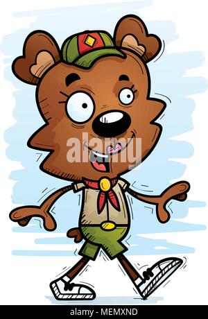 Un cartoon illustrazione di un orso femmina scout a piedi. Illustrazione Vettoriale