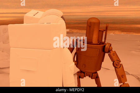Due astronauti e un robot retrostyled AI assistant su Marte Foto Stock