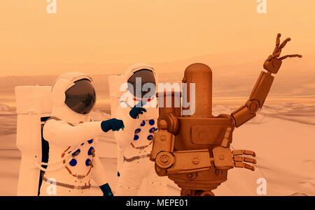 Due astronauti e un robot retrostyled AI assistant su Marte Foto Stock