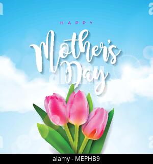 Felice Festa della Mamma biglietto di auguri con tulip flower su sfondo nuvola. Vector Celebration illustrazione modello con disegno tipografica per banner, flyer, invito, brochure, poster. Illustrazione Vettoriale