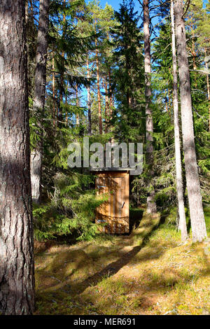 Una piccola buca in legno wc è in piedi in una foresta soleggiata. Foto Stock