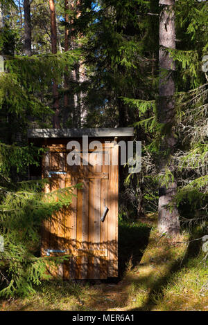 Una piccola buca in legno wc è in piedi in una foresta soleggiata. Foto Stock