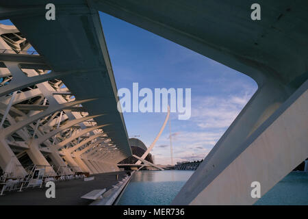 L'Umbracle edificio, con El Pont de l'Assut de l'o in background, Città delle Arti e delle Scienze di Valencia, Spagna Foto Stock