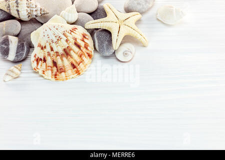 Starfish con vari di conchiglie marine e sulla ghiaia verniciato bianco sullo sfondo di legno Foto Stock