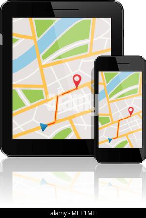 Mappa GPS sul display di smartphone e tablet Illustrazione Vettoriale